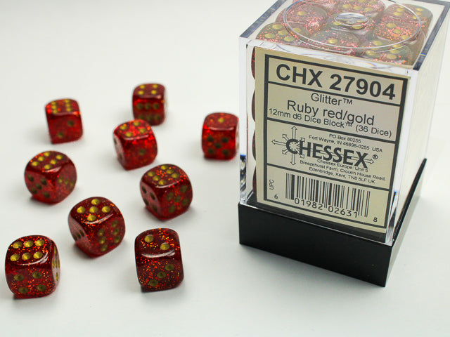 Chessex: Glitter Ruby w/ Gold 12mm D6 Dice Block  (36 dice)