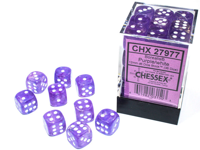 Chessex: Borealis 12mm D6 Purple/white Luminary Dice Block (36 dice)