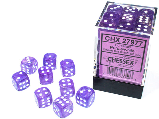 Chessex: Borealis 12mm D6 Purple/white Luminary Dice Block (36 dice)
