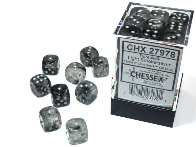 Chessex: Borealis 12mm D6 Light Smoke/silver Luminary Dice Block (36 dice)