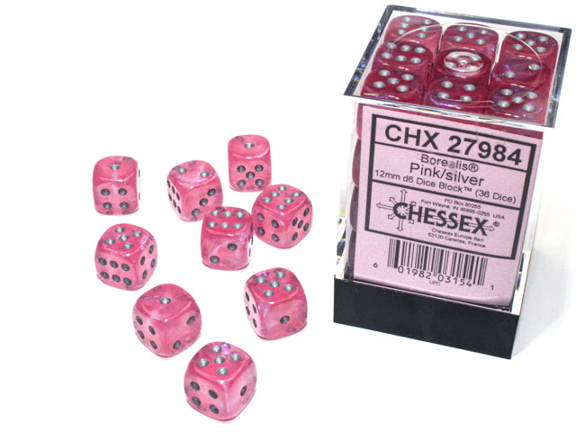 Chessex: Borealis 12mm D6 Pink/silver Luminary Dice Block (36 dice)