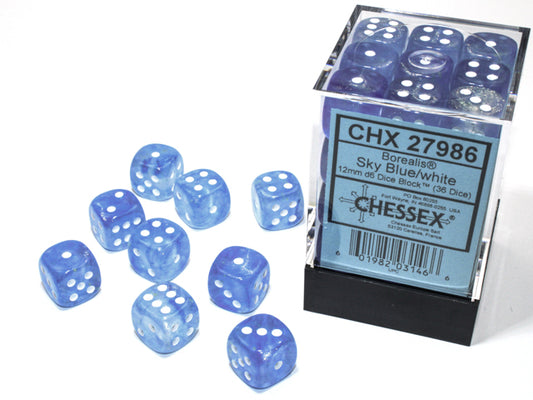 Chessex: Borealis 12mm D6 Sky Blue/white Luminary Dice Block (36 dice)