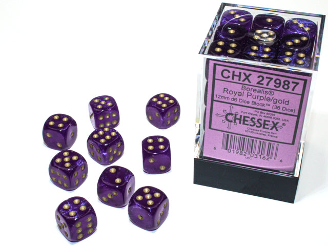 Chessex: Borealis 12mm D6 Royal Purple/gold Luminary Dice Block (36 dice)