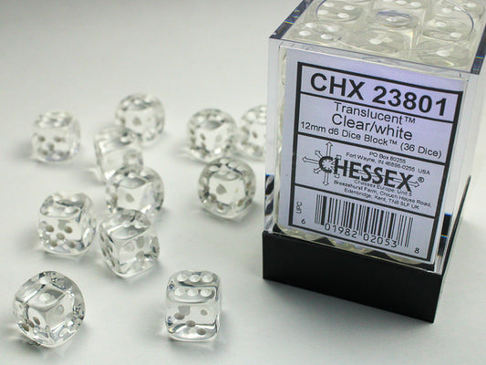 Chessex: Translucent 12mm D6 Clear/White Dice Block (36 dice)