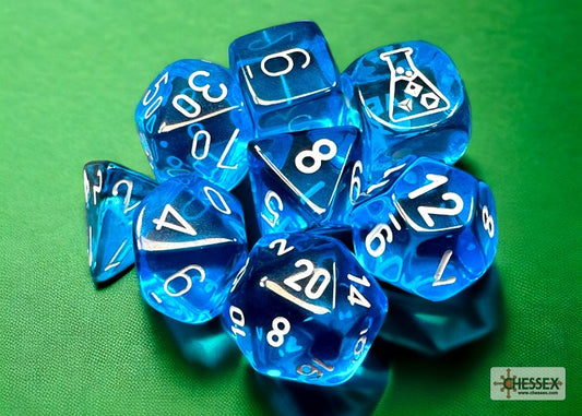 Translucent Polyhedral Tropical Blue/white 7-Die Set Lab Tube