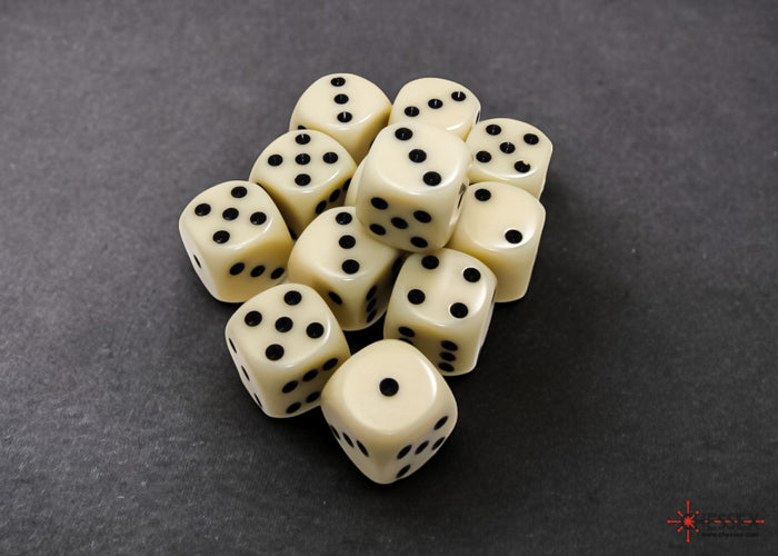 Chessex: Opaque 16mm D6 Ivory/Black Dice Block (12 dice)