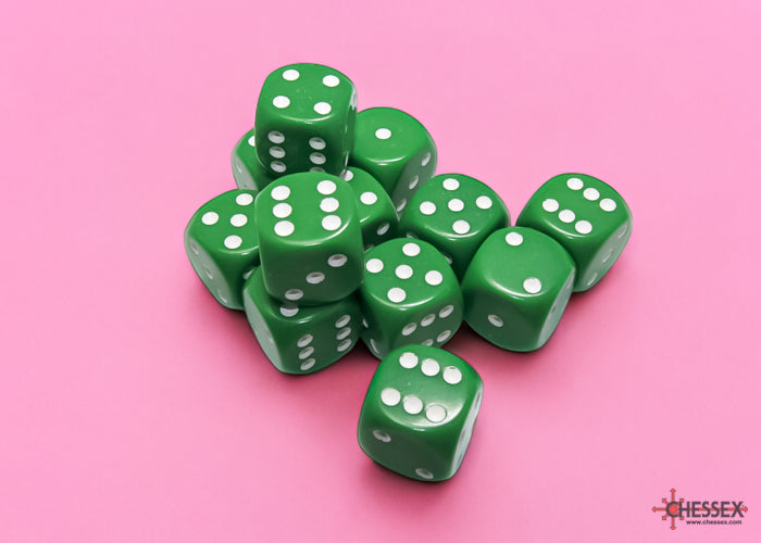 Chessex: Opaque 16mm D6 Green/White Dice Block (12 dice)