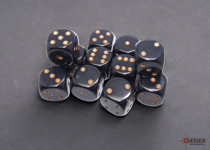 Chessex: Opaque 16mm D6 Black/Gold Dice Block (12 dice)