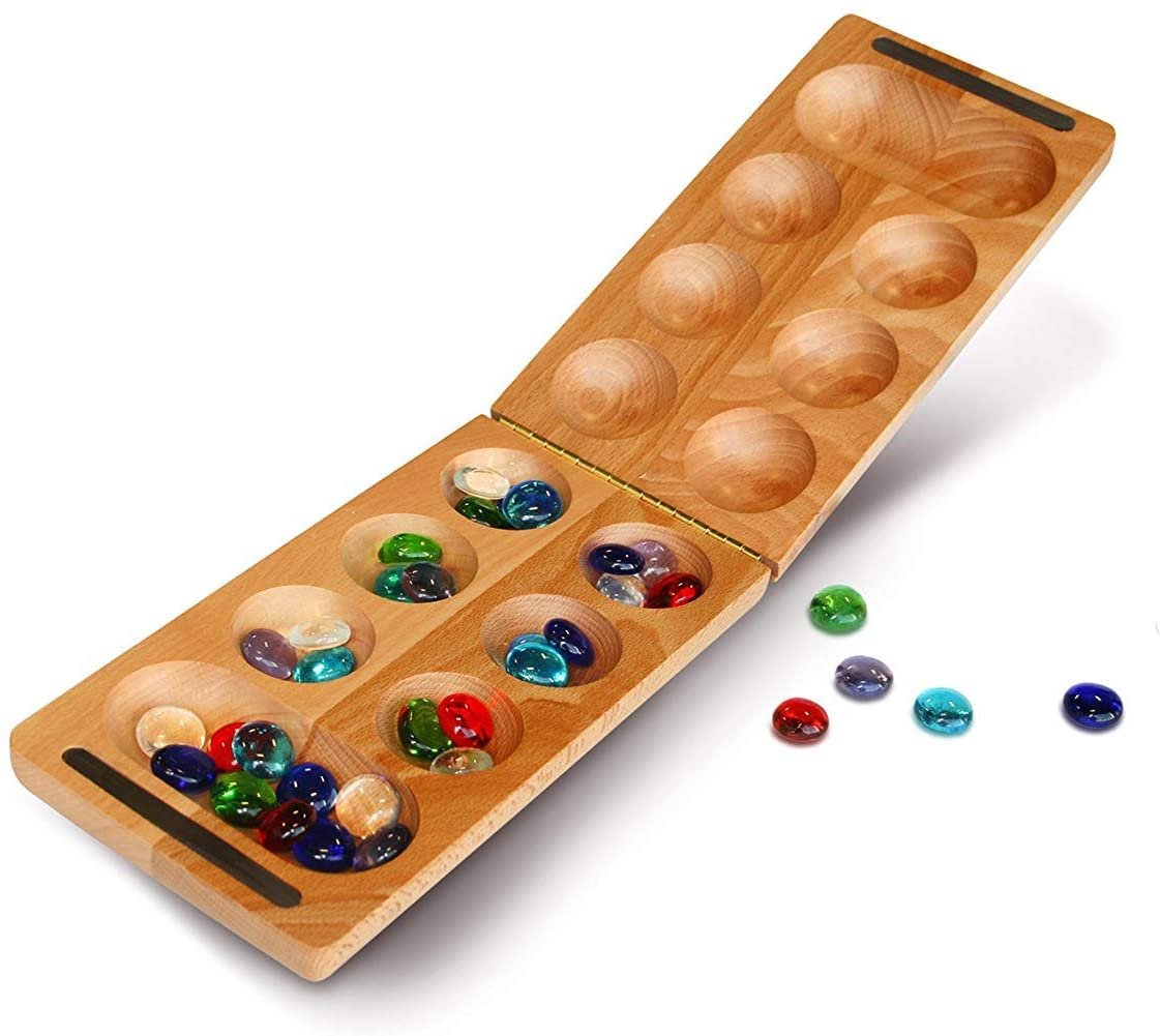 WE Games Folding Mancala - Solid Wood Board & Glass Stones
