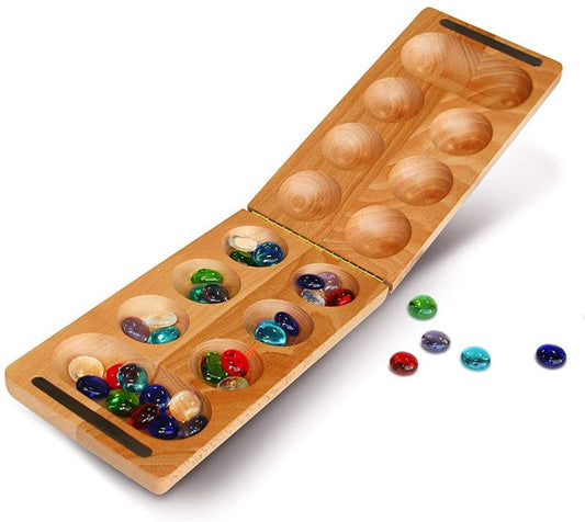 WE Games Folding Mancala - Solid Wood Board & Glass Stones