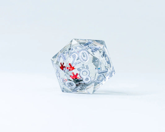 Snow Globe: 22mm Sharp Edged D20 - Silver Ink (Silver Glitter, Silver Green Snow)
