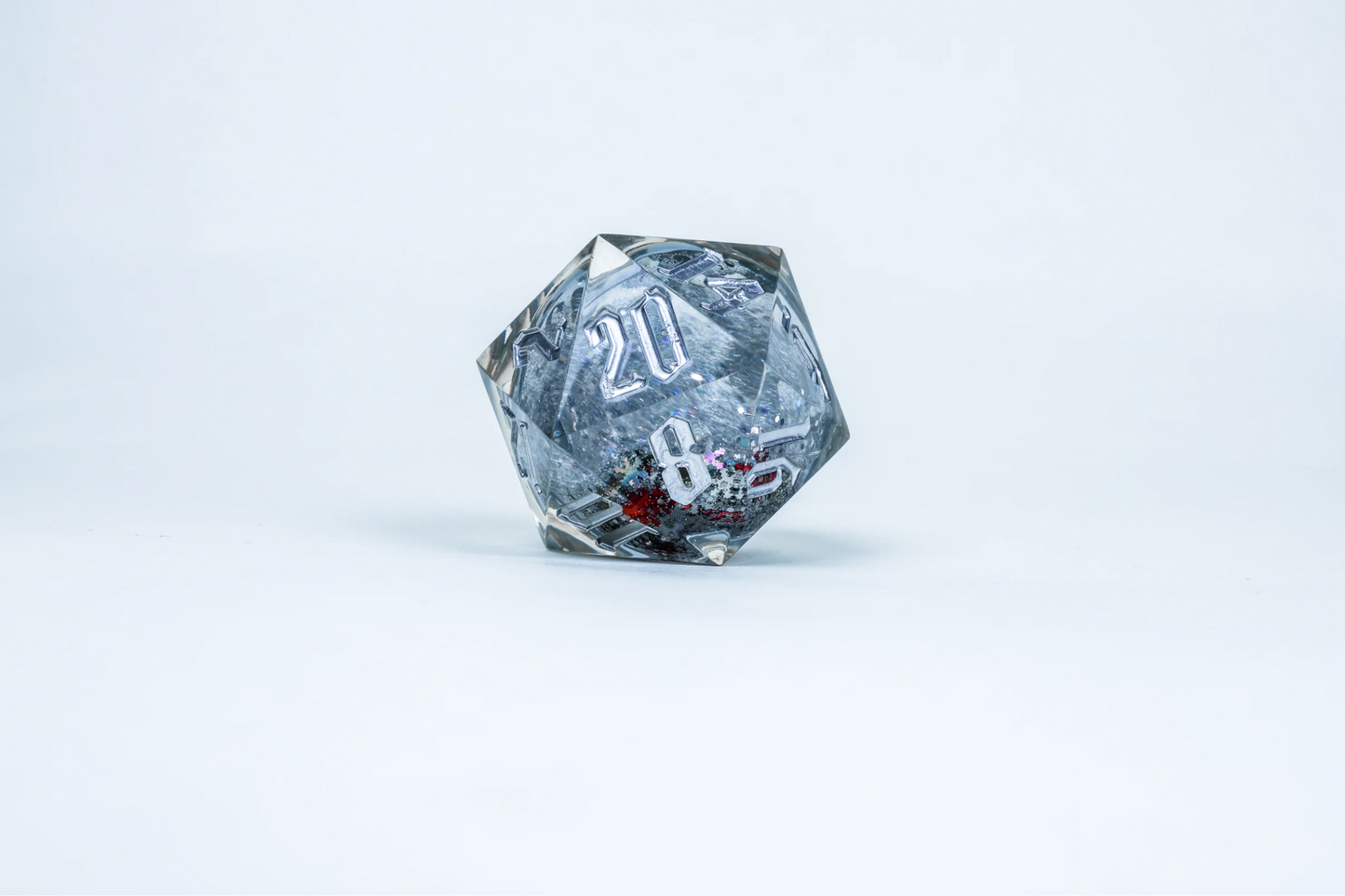 Snow Globe: 54mm D20 - Silver Ink (Silver Glitter, Red and Green snowflakes)