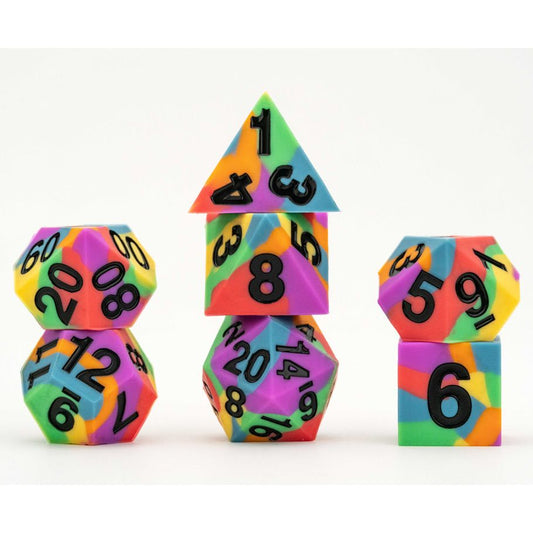 Sharp Edge Silicone Poly Dice Set: Pride Rainbow